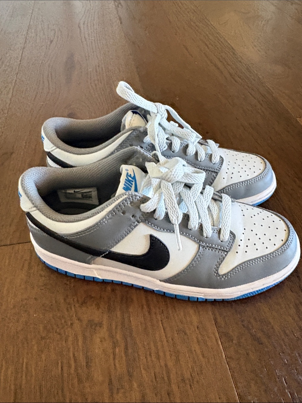 Nike Kids Dunks Low-Top Sneakers in White, Gray & Black with Blue Accents